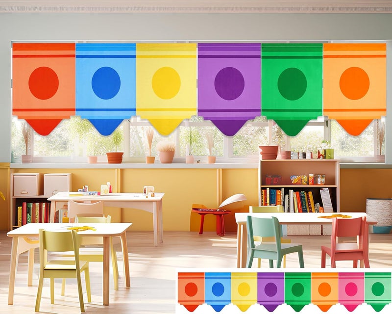 Cosblank Rainbow School Curtains - 8 Pcs Cartoon Crayon Classroom Decor for Back to School and First Day - Colorful Cute Pencil Design, 8 Colors (36 x 24 Inches) - Image 1
